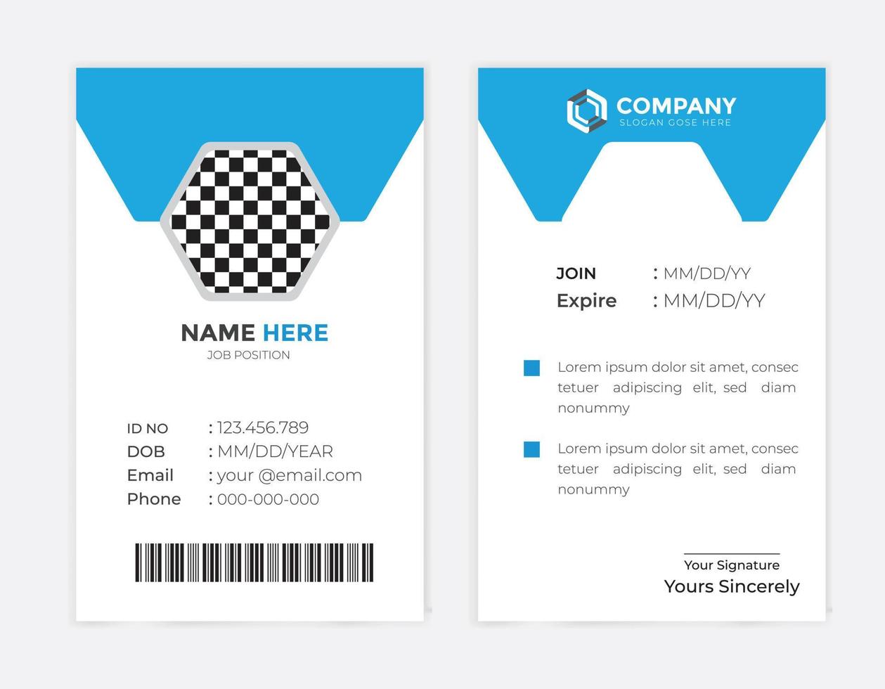 plantilla de tarjeta de identificación de empleado de empresa corporativa moderna y creativa vector