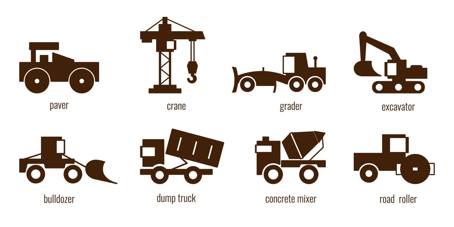 Construction equipment machines silhouettes vector