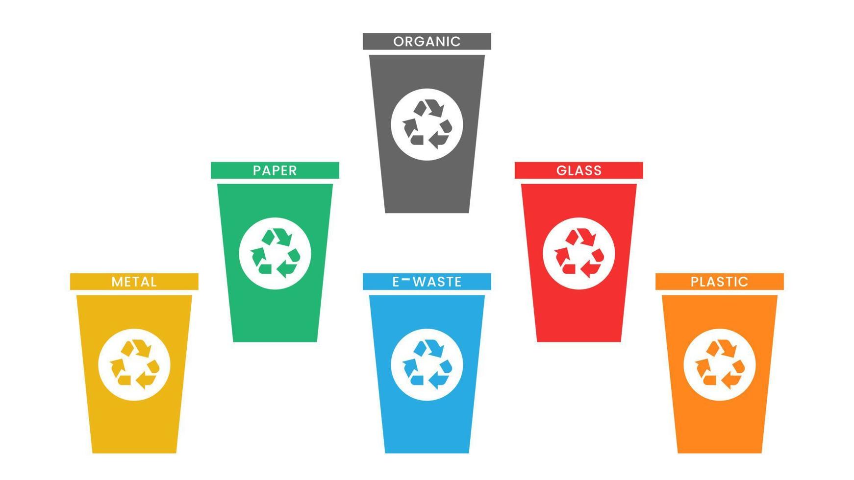 Trash cans for plastic, glass, paper, metal, e-waste and organic. Garbage separation concept. Element for infographics vector