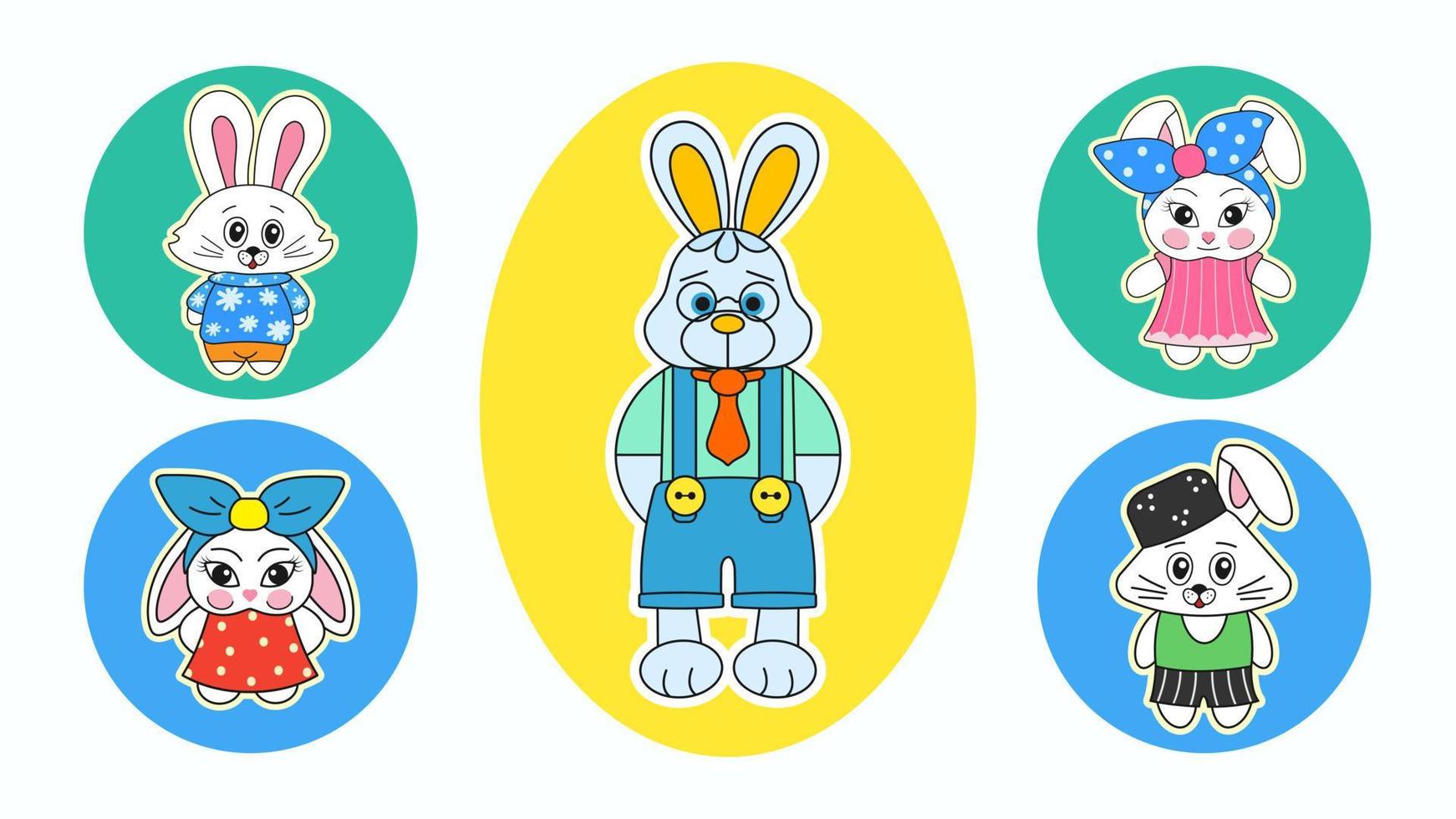 Set of five vector stickers in the 2000s style in the form of cute rabbits, a symbol of the new year