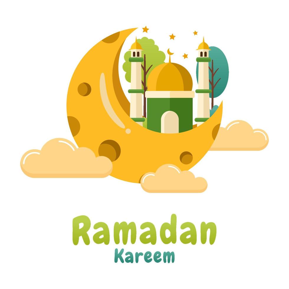 Ramadan Kareem cartoon illustration with moon and mosque vector