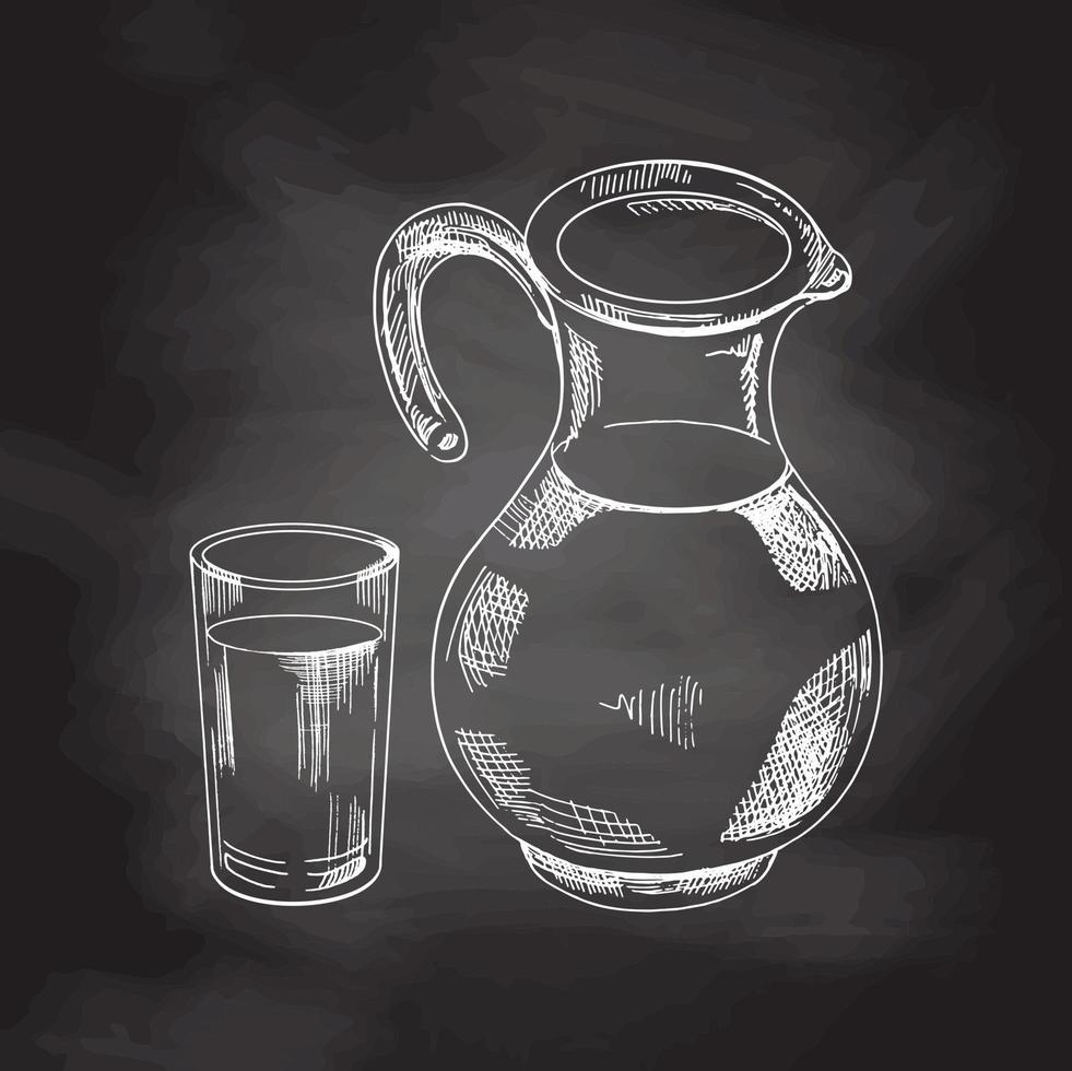 A hand-drawn sketch illustration of a juice, water or  milk jug and a glass.   Chalkboard vector hand drawn Illustration.  Vintage element for the design of labels, packaging and postcards.