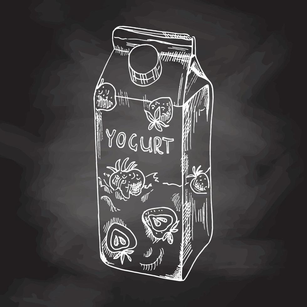 boceto vectorial del envase de yogur tetra pack. yogur con fresas. ilustración de dibujado a mano de vector de pizarra. antiguo. elemento retro para el diseño de etiquetas, envases y tarjetas.