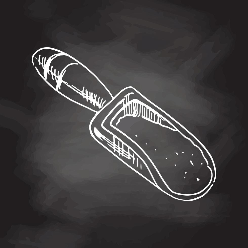 A hand-drawn sketch of Wooden scoop with flour. Vintage illustration.  Chalkboard vector hand drawn Illustration.