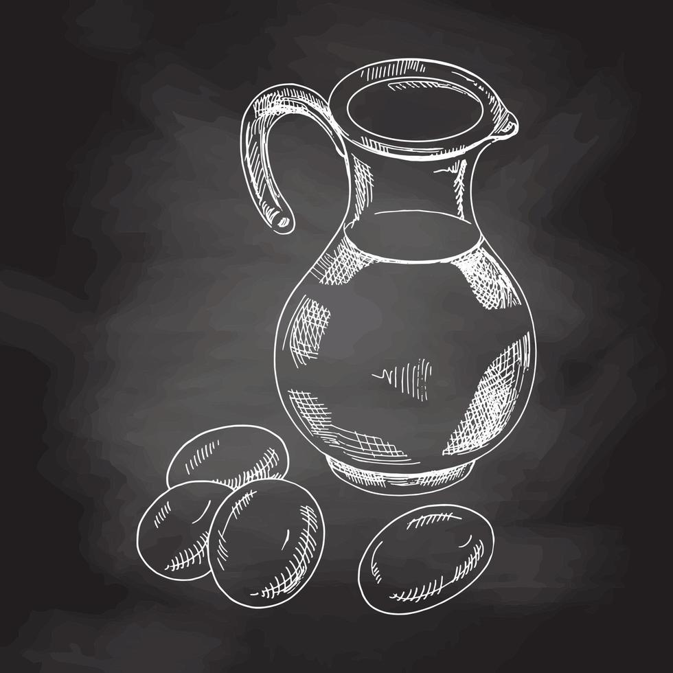 A hand-drawn sketch illustration of water or milk jug and a chicken eggs.  Chalkboard vector hand drawn Illustration.  Vintage element for the design of labels, packaging and postcards.