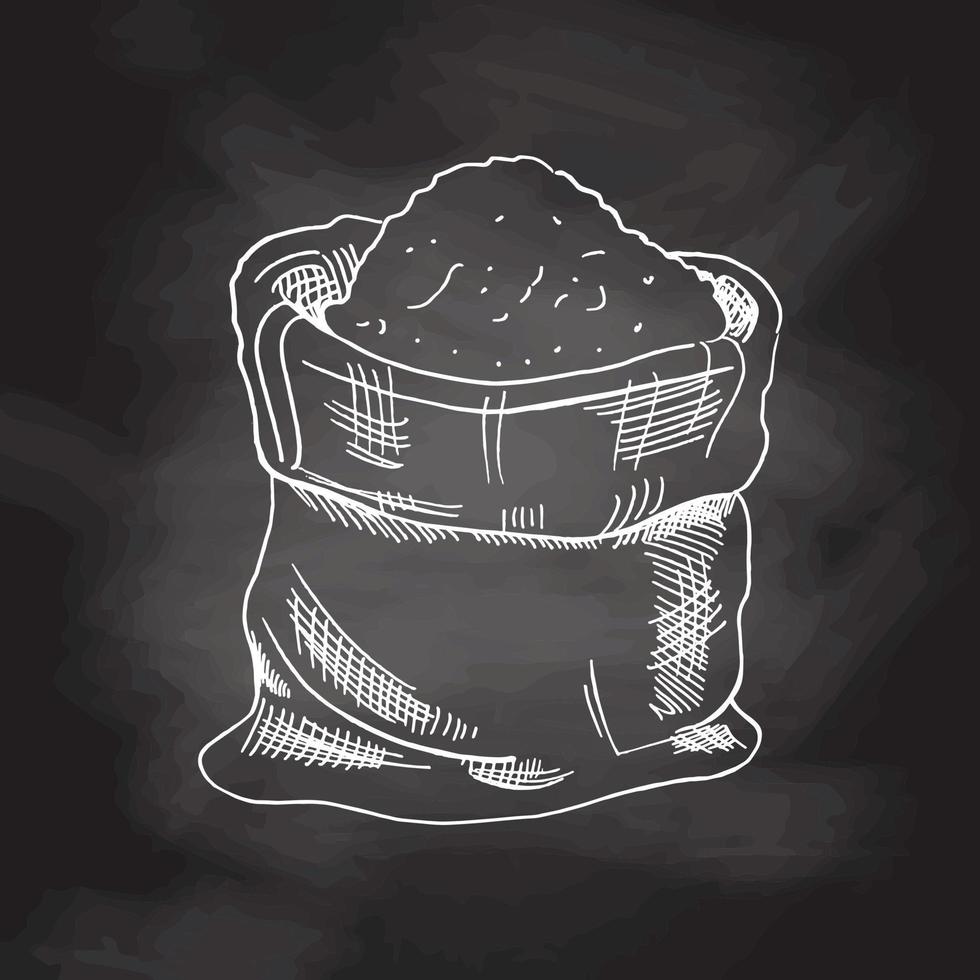 Bag with flour sketch drawing. Vector hand drawn bakery Illustration. Chalkboard vector hand drawn Illustration. Detailed retro style images. Vintage sketch for labels.