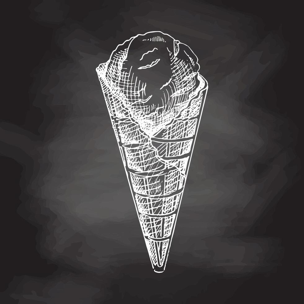 A hand-drawn sketch of a waffle cone with ice cream.  Chalkboard vector hand drawn Illustration. Vintage.  Element for the design of labels, packaging and postcards.