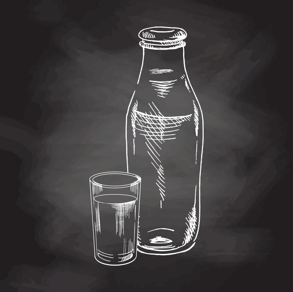 A hand-drawn sketch illustration of a milk bottle and a glass.  Chalkboard vector hand drawn Illustration. Vintage element for the design of labels, packaging and postcards.