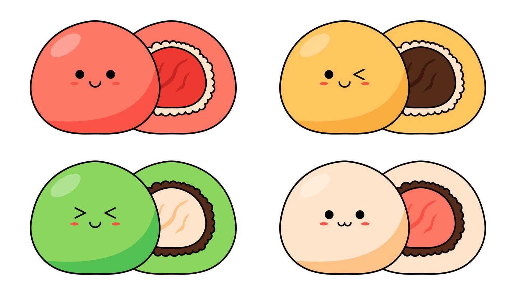 mochi kawaii con cara sonriente y mejillas rosadas aisladas en un fondo blanco. estilo de dibujos animados japoneses. vector