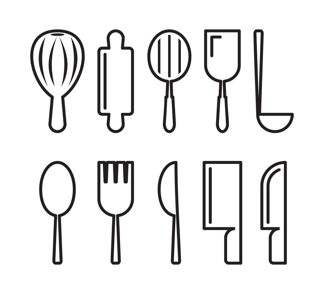 Kitchen tools or kitchenware set icon, line design on white background. vector