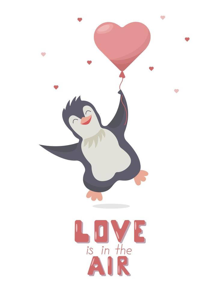 Cute cartoon falling in love penguin for Valentine greeting card. Vector character with an air balloon in the form of a heart which flies into the sky.