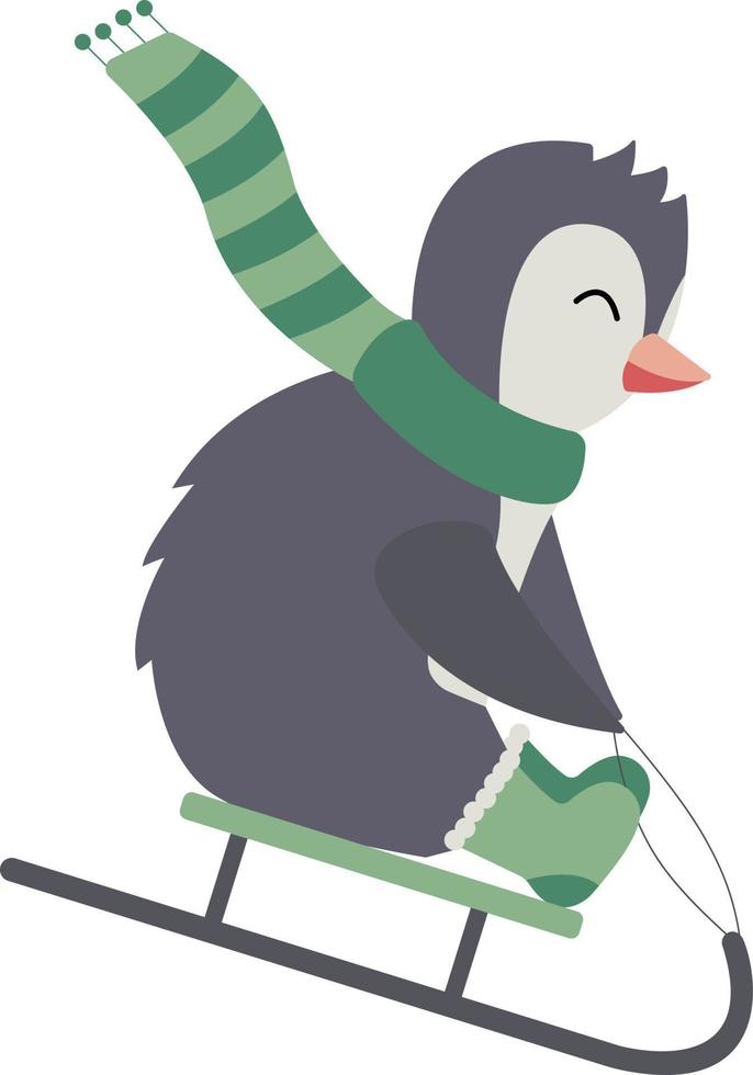 Cute Happy Little Sledding Penguin on transparent background Vector winter kid clip art