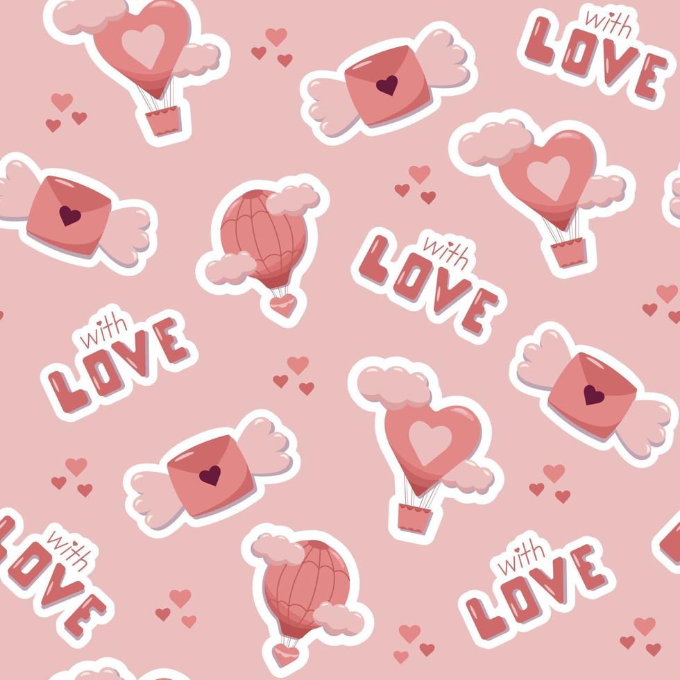 Valentines day concept seamless pattern with vector cute cartoon stickers, letters with wings and air balloons. Pink background for wrapping paper and gift boxes