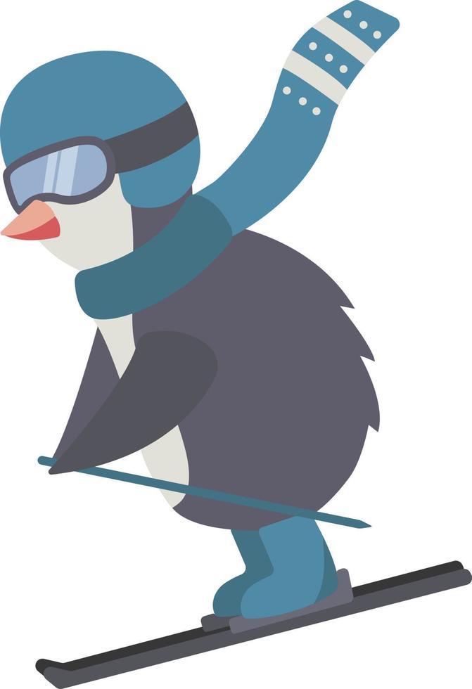 Cute Happy Little Skiing Penguin wearing a blue helmet on transparent background Vector winter kid clip art