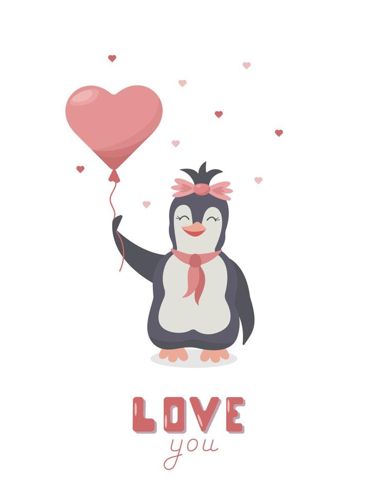 Cute cartoon falling in love penguin for Valentine greeting card with lettering. Vector girlish character with an air balloon in the form of a heart which flies into the sky