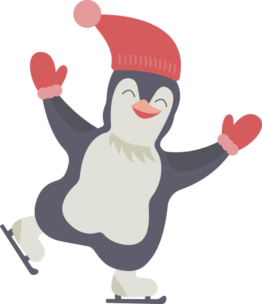 Cute Happy Little Skating Penguin in a red cap and mittens on transparent background Vector winter kid clip art