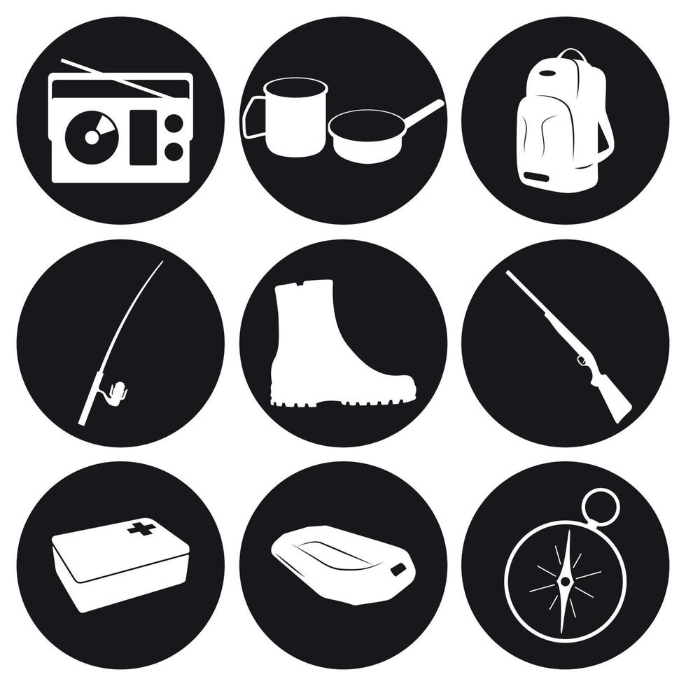 conjunto de iconos de artículos de turismo. blanco sobre un fondo negro vector