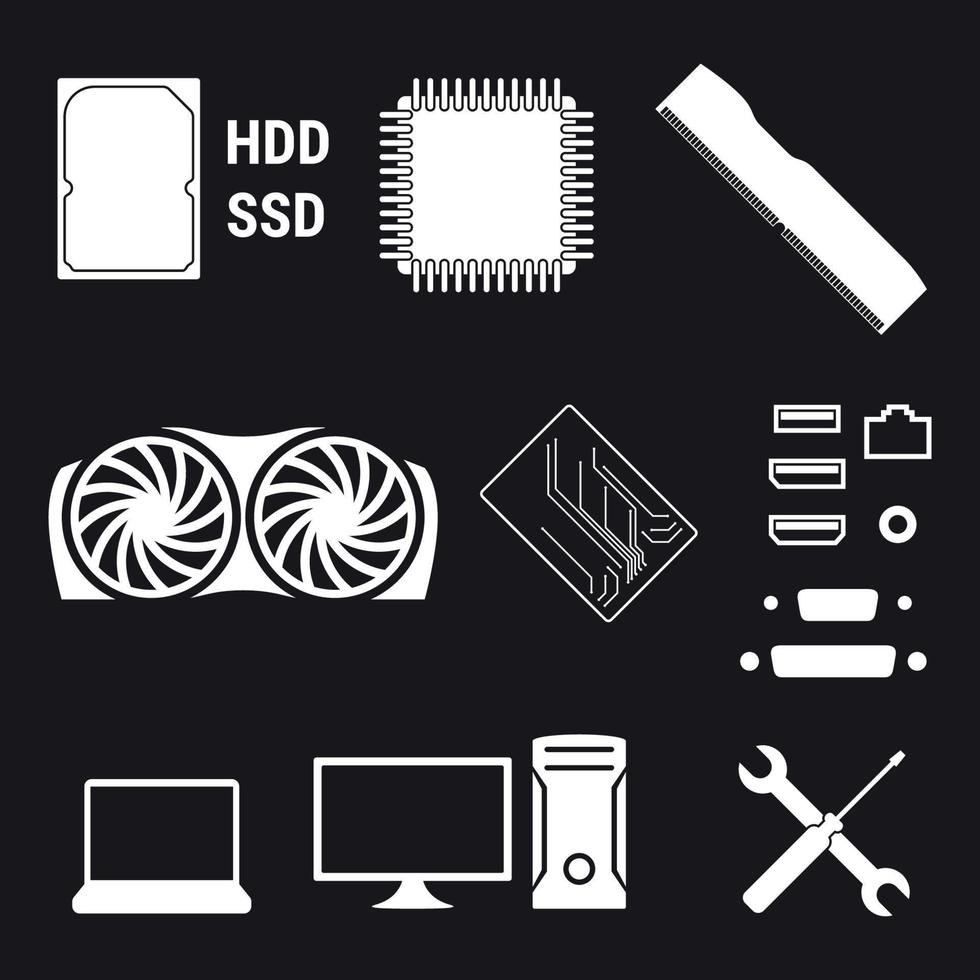 Computer hardware icons set. White on a black background vector