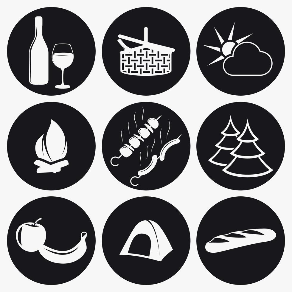 conjunto de iconos de picnic. blanco sobre un fondo negro vector