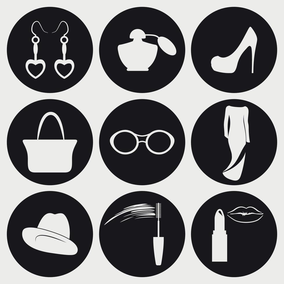 conjunto de iconos de accesorios de mujer. blanco sobre un fondo negro vector