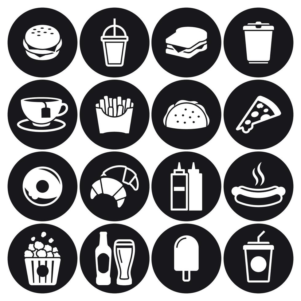 Fast food icons set. White on a black background vector