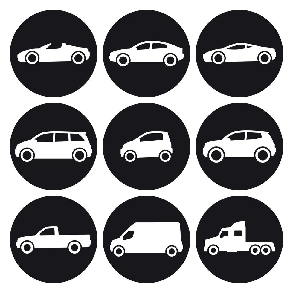 Cars icons set. White on a black background vector