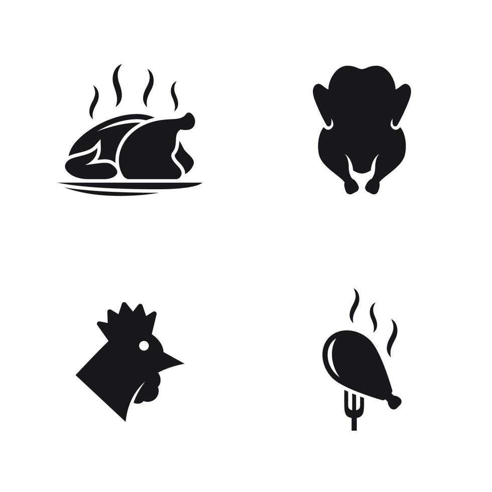 pollo, conjunto de iconos de pollo frito. Negro sobre un fondo blanco vector