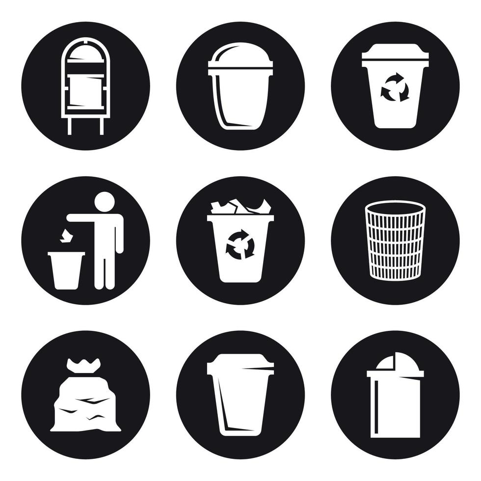 conjunto de iconos de bote de basura. blanco sobre un fondo negro vector