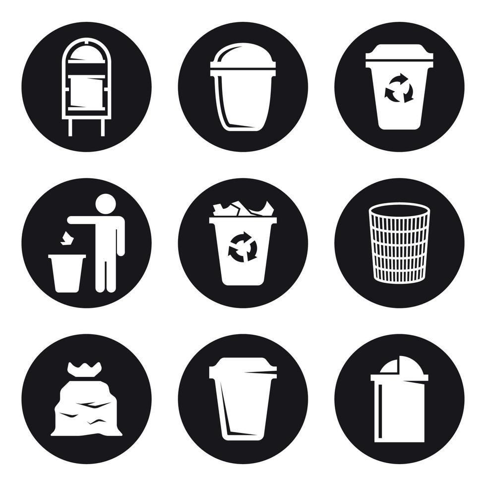 trash can icons set. White on a black background vector