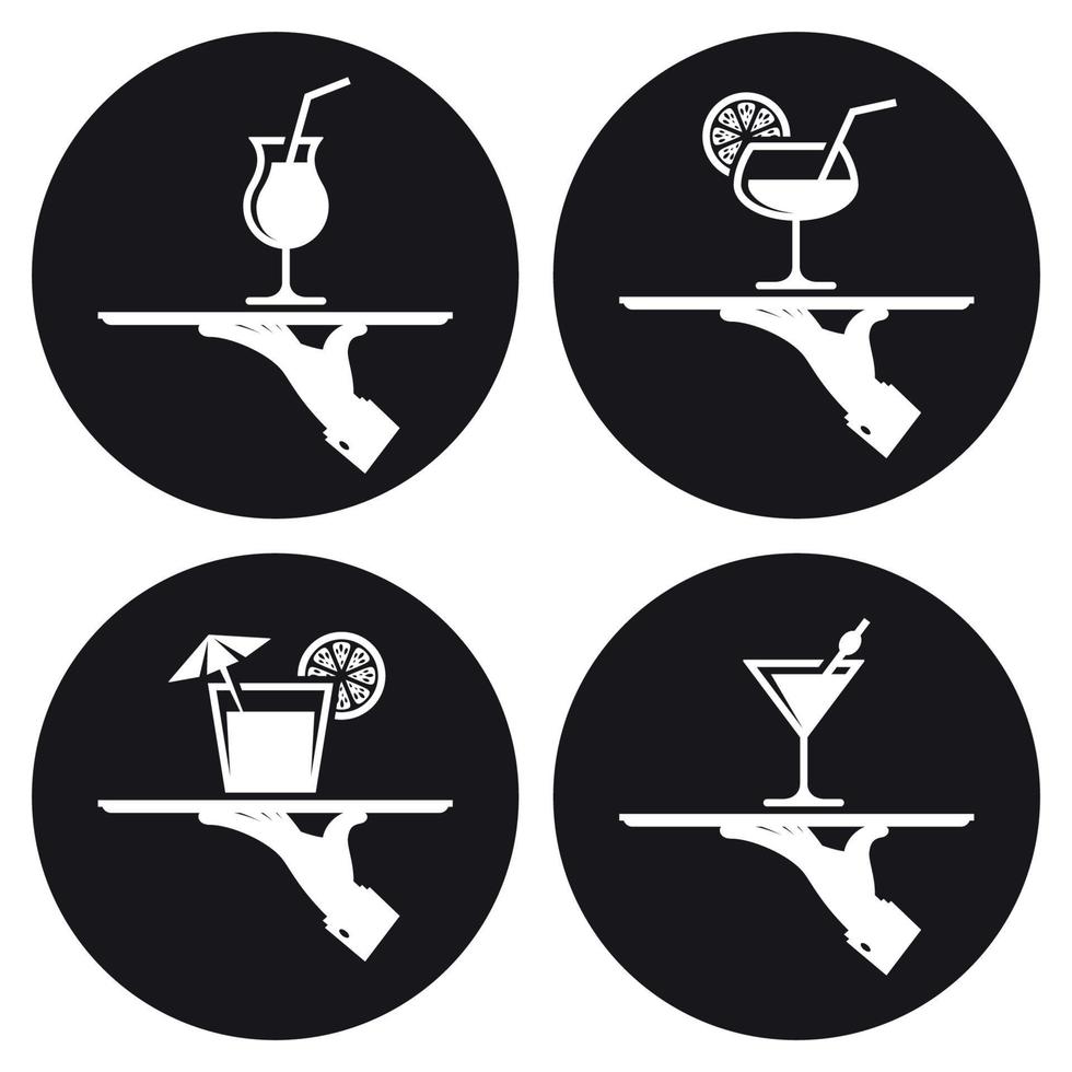 White icons of human hand with a tray on a black background vector