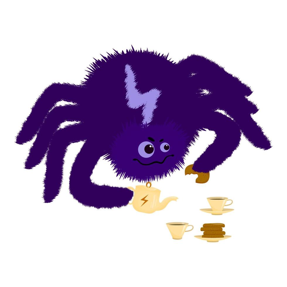 Cartoon spider drinks tea with cookies vector