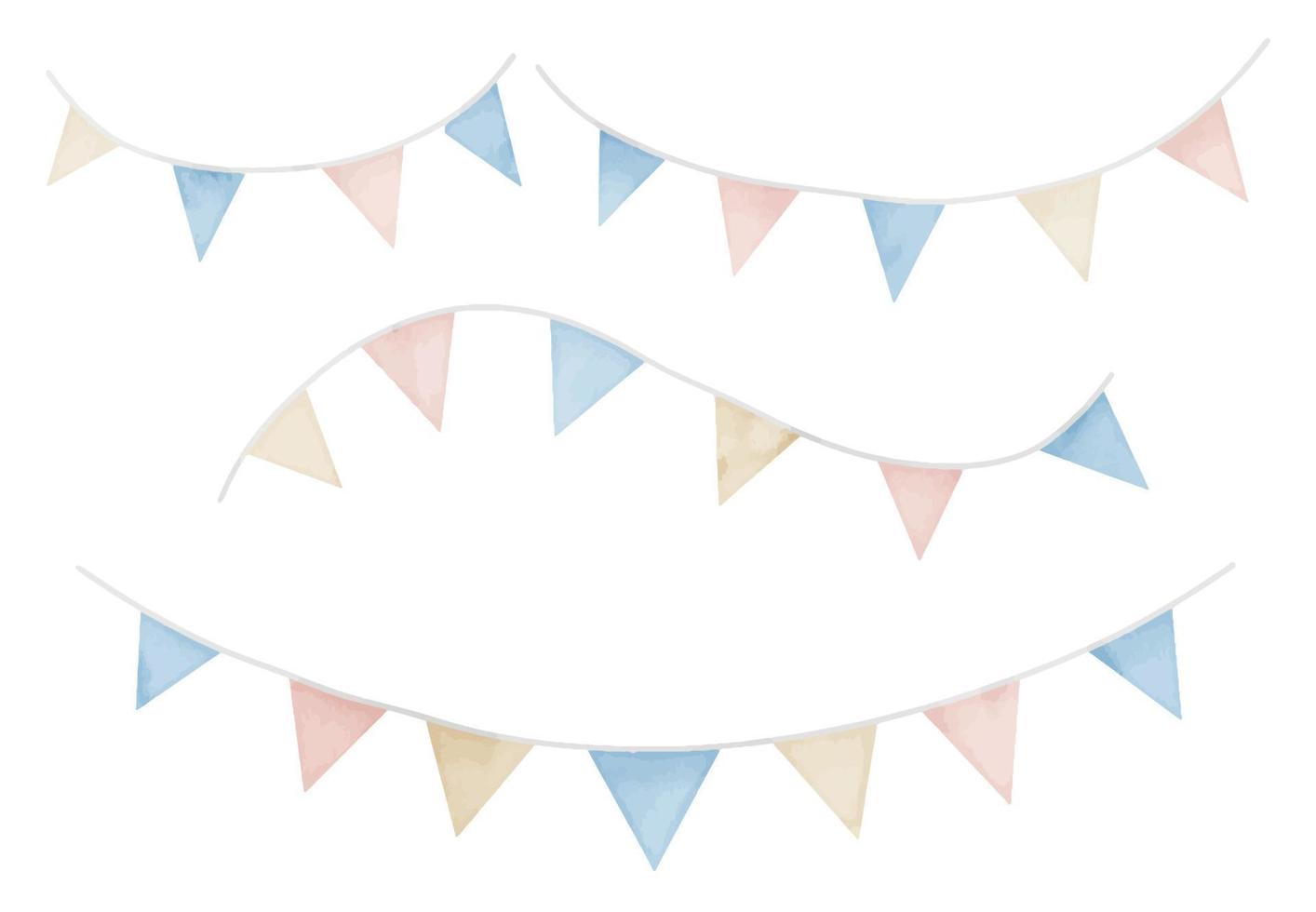 Watercolor Garlands set. Hand drawn illustration of Pennant on isolated background in pastel blue and pink colors. Hanging with triangular flags for party celebration. Decor for happy birthday vector