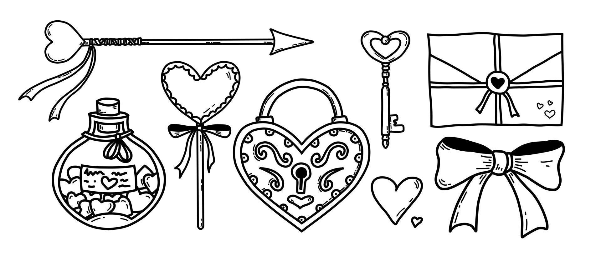 conjunto de vectores para el diseño del día de San Valentín. corazones, flecha de cupido, poción mágica de amor, carta, piruleta, cerradura y llave, arco. ilustración para invitaciones de boda en estilo de arte lineal. negro