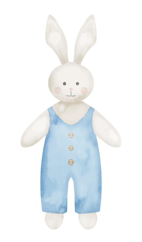 Cute white Bunny Toy watercolor illustration in blue cloth. Hand drawn drawing for kid leisure game. Sketch for Baby shower greeting cards or invitations on isolated background. Rabbit or hare vector