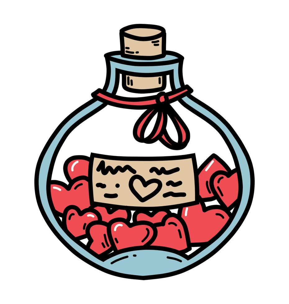 Magic Love Potion for valentines day design. Vector illustration of Bottle with red Heart shaped drags on white isolated background. Hand drawn sketch