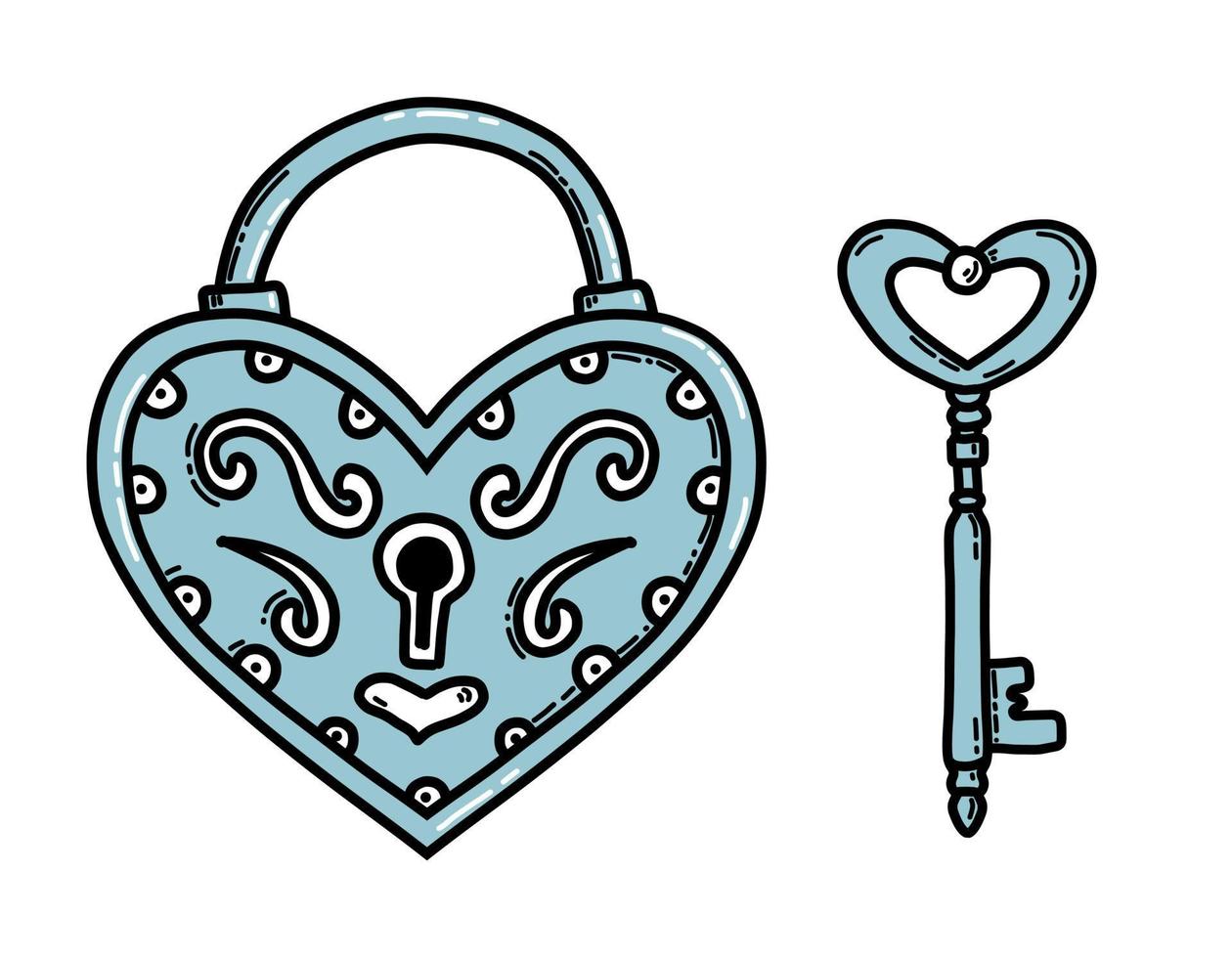 Heart shaped metallic Key and Lock. Vector illustration for valentine day or wedding design on white isolated background. Drawing of Padlock