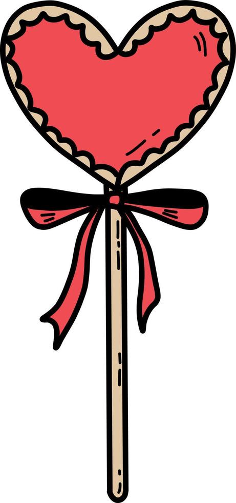 Heart shaped Lollipop with red ribbon. Hand drawn vector illustration for valentines day or wedding design. Drawing on white isolated background