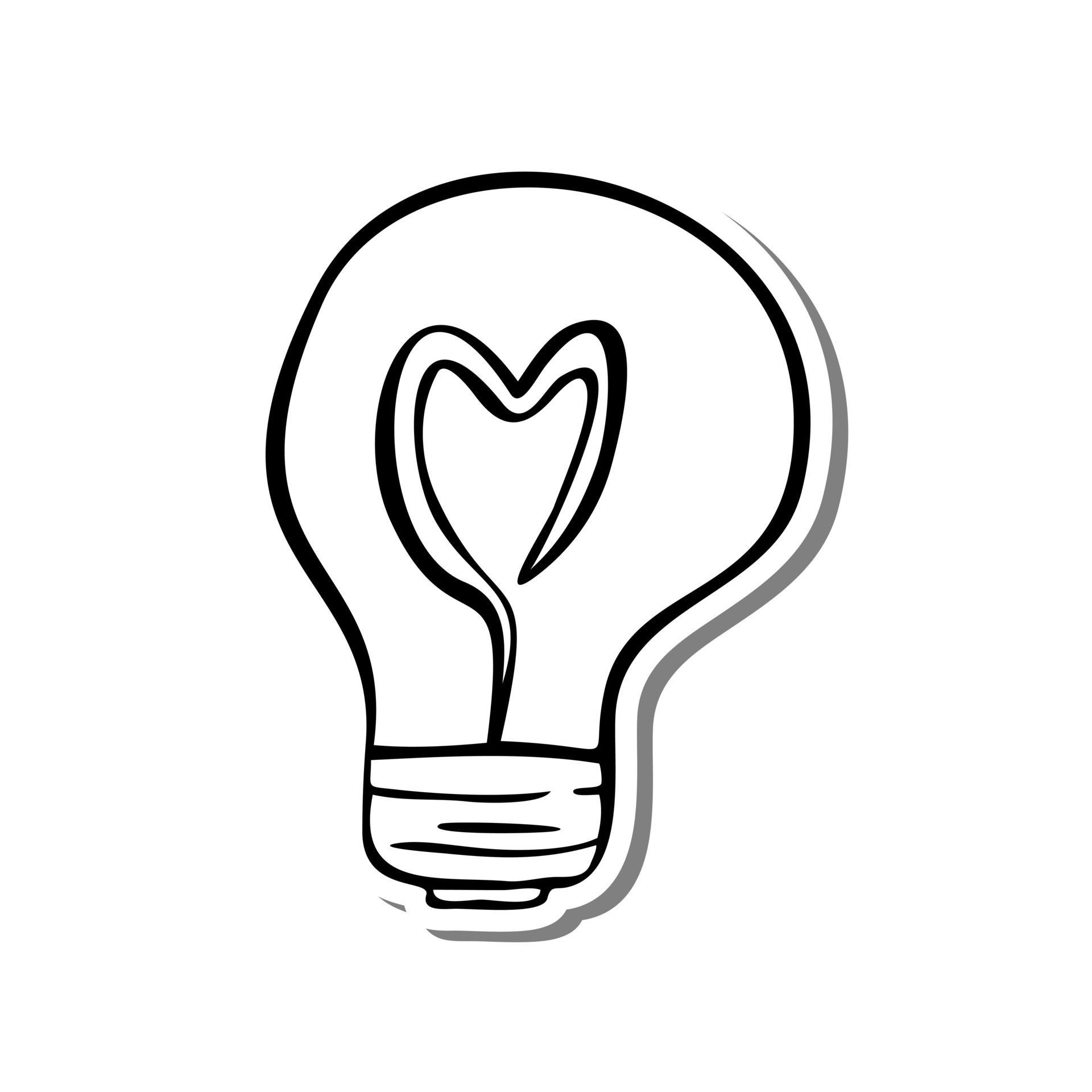 Doodle Line Light Heart on white silhouette and gray shadow. Vector