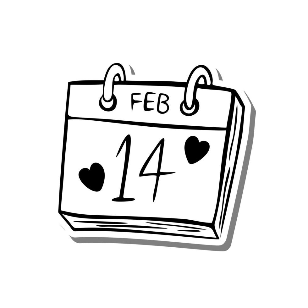 Doodle Line Calendar 14 Feb on white silhouette and gray shadow. Vector illustration Valentine Theme for decoration or any design.