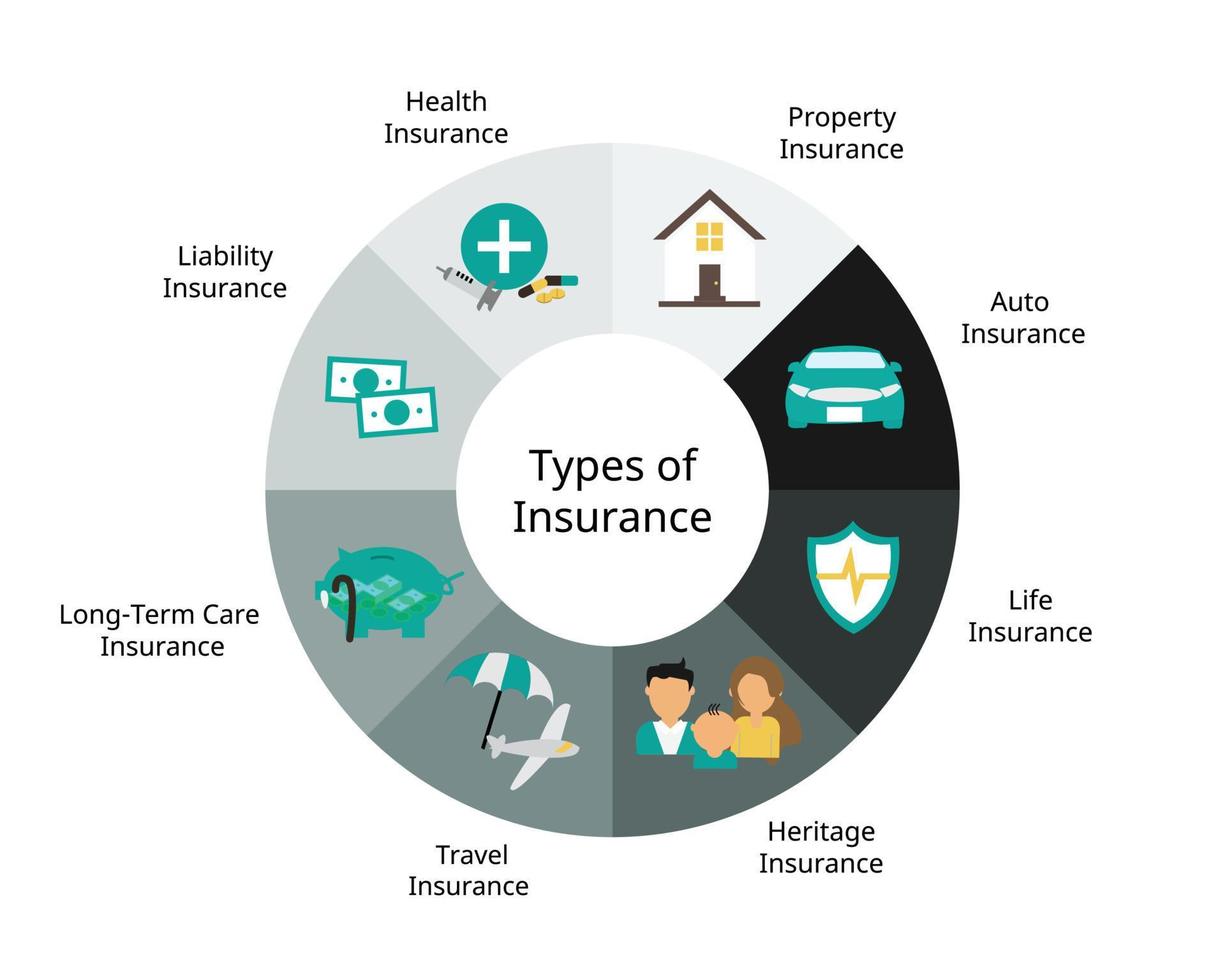 diferentes tipos de pólizas de seguro y cobertura para proporcionar cobertura financiera para situaciones inesperadas vector