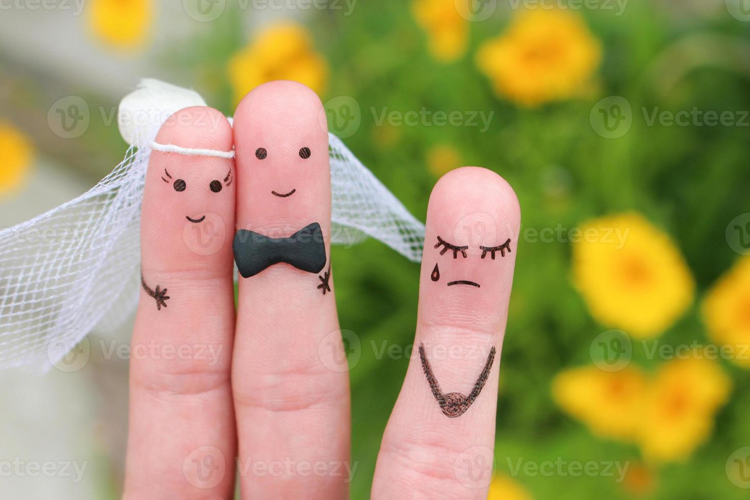 Fingers art of Happy couple to get married. Other woman upset. photo