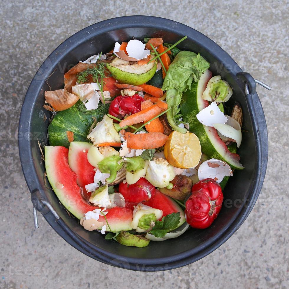 residuos domésticos para compost de frutas y verduras en la basura. foto