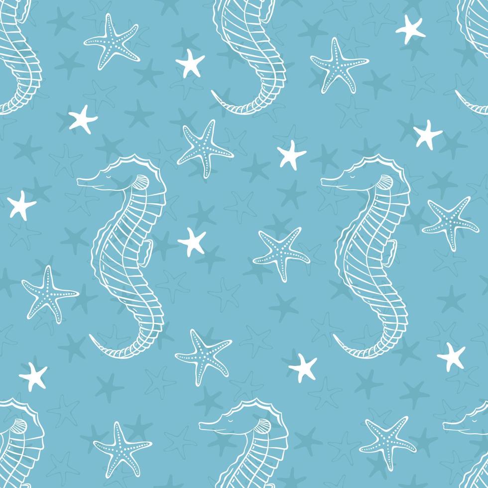 Sea seamless pattern. Hand drawn illustration with seahorse and starfish vector