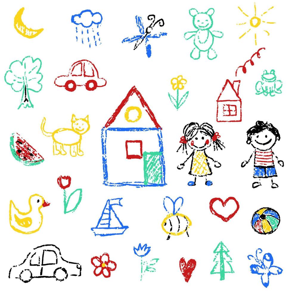 Children's drawings. Elements for the design of postcards, backgrounds, packaging. vector