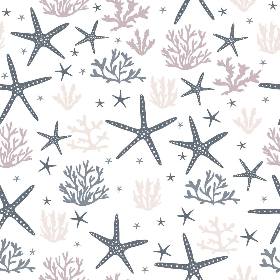 Sea stars and coral seamless pattern. vector