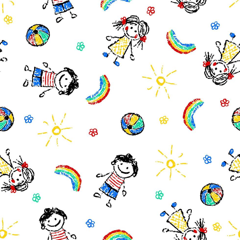 Pattern children drawing style. Colorful bright background. Crayons style icon on white backdrop. Child, rainbow, ball, flowers, sun. Seamless texture with hand drawn elements. vector