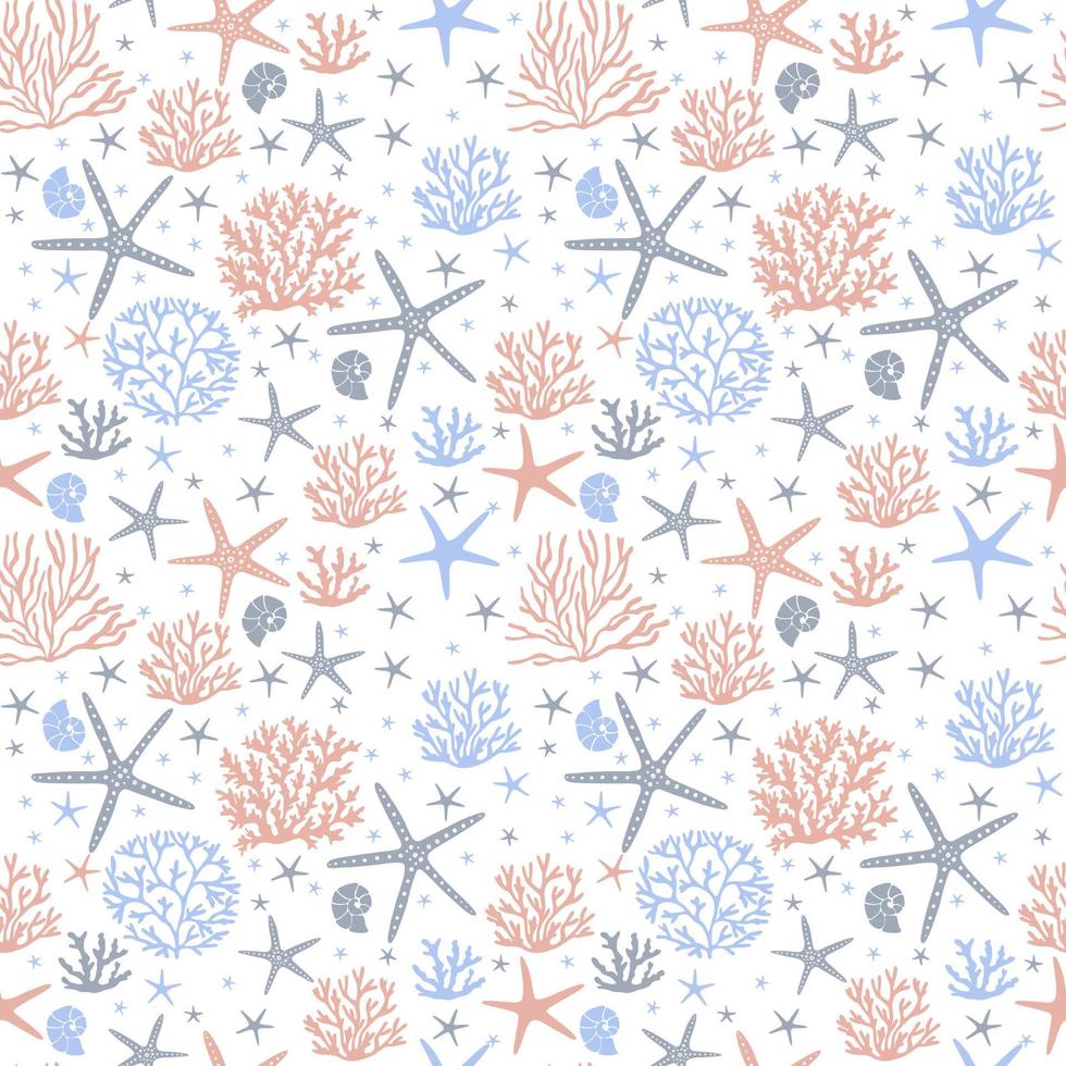 Sea stars and coral vector seamless pattern