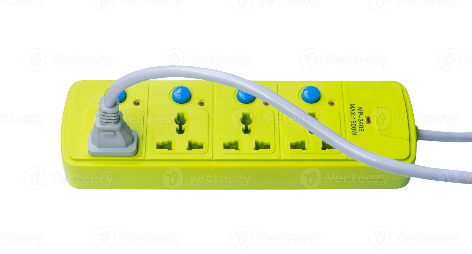 Top view of green socket and white electric power plug with line isolated on white background with clipping path, Concept of power use in residence, office or home with safety and saving photo