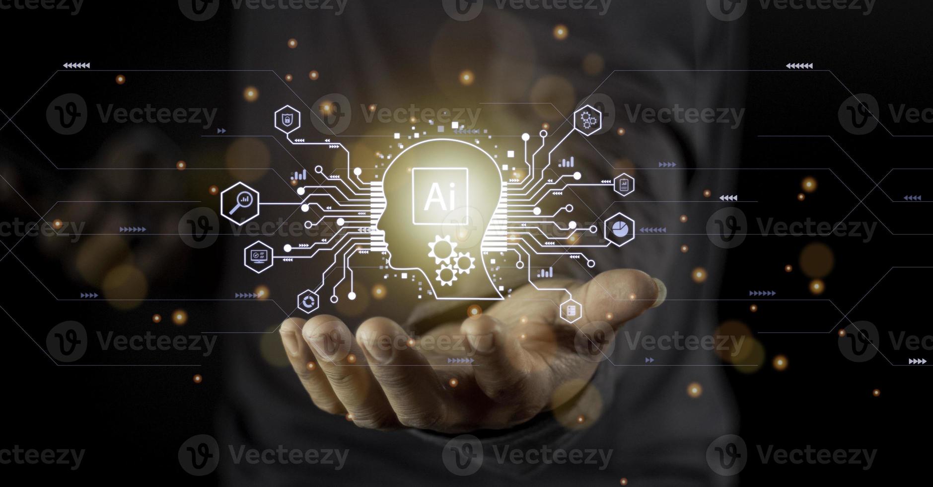 Businessman touching digital chatbot for provide access to information and data in online network, application and global connection, AI, Artificial intelligence, innovation and technology. photo