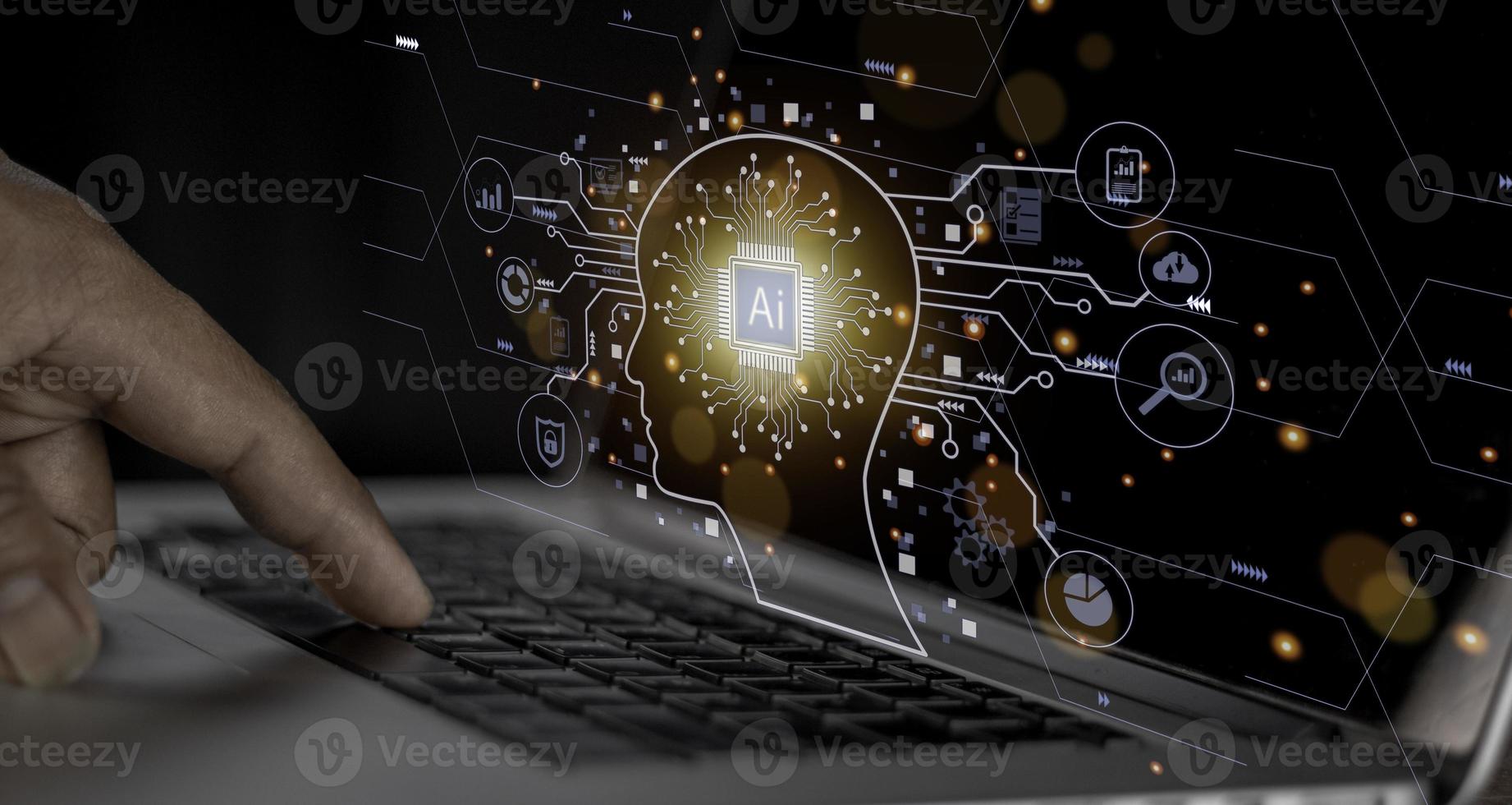 Businessman touching digital chatbot for provide access to information and data in online network, application and global connection, AI, Artificial intelligence, innovation and technology. photo
